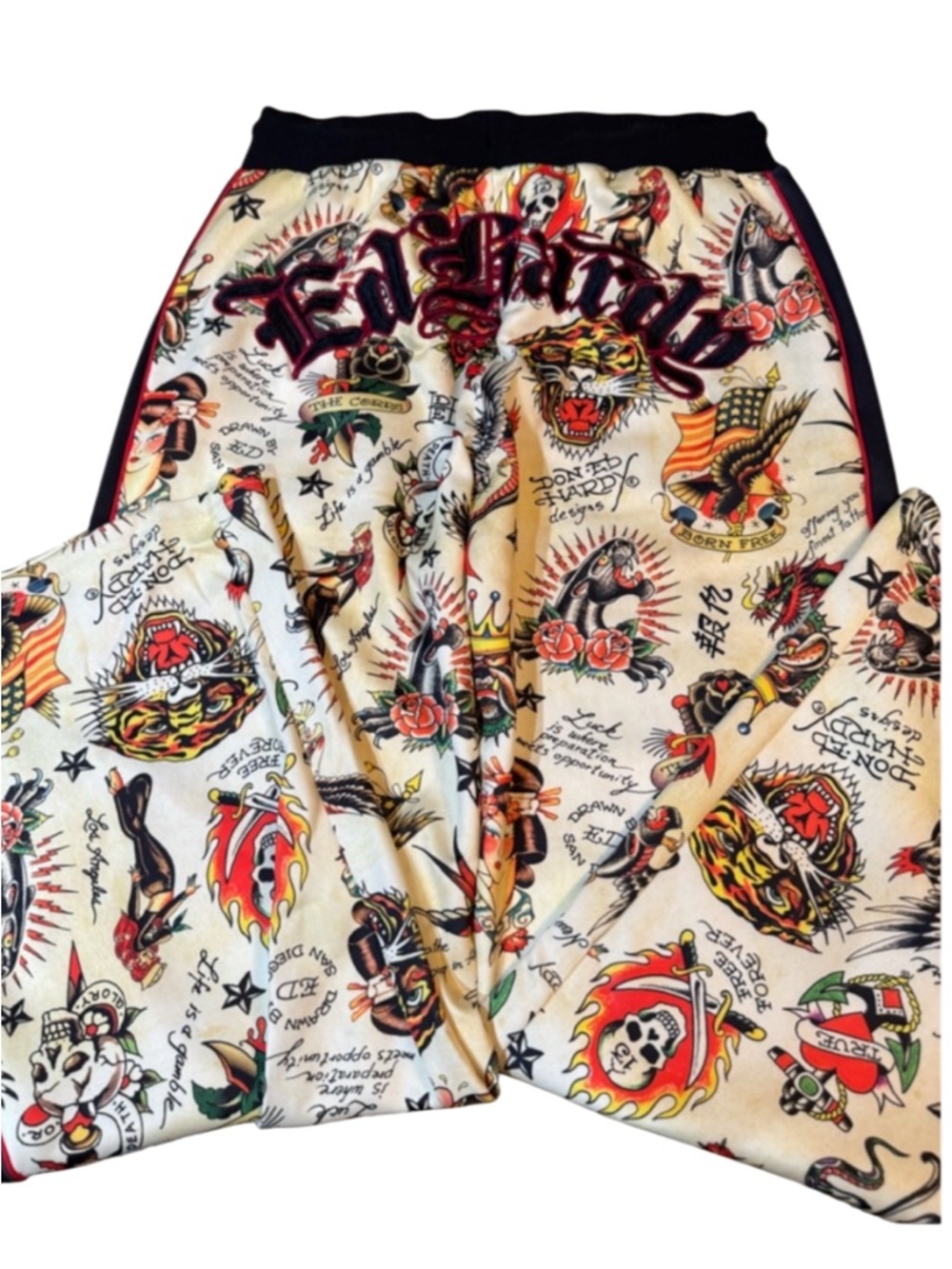 Ed Hardy Black and Cream Tattoo Inspired Graphic Track Pants Size Small NWT - Picture 5 of 11